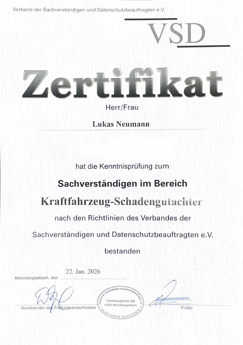 Zertifikat Schadengutachten