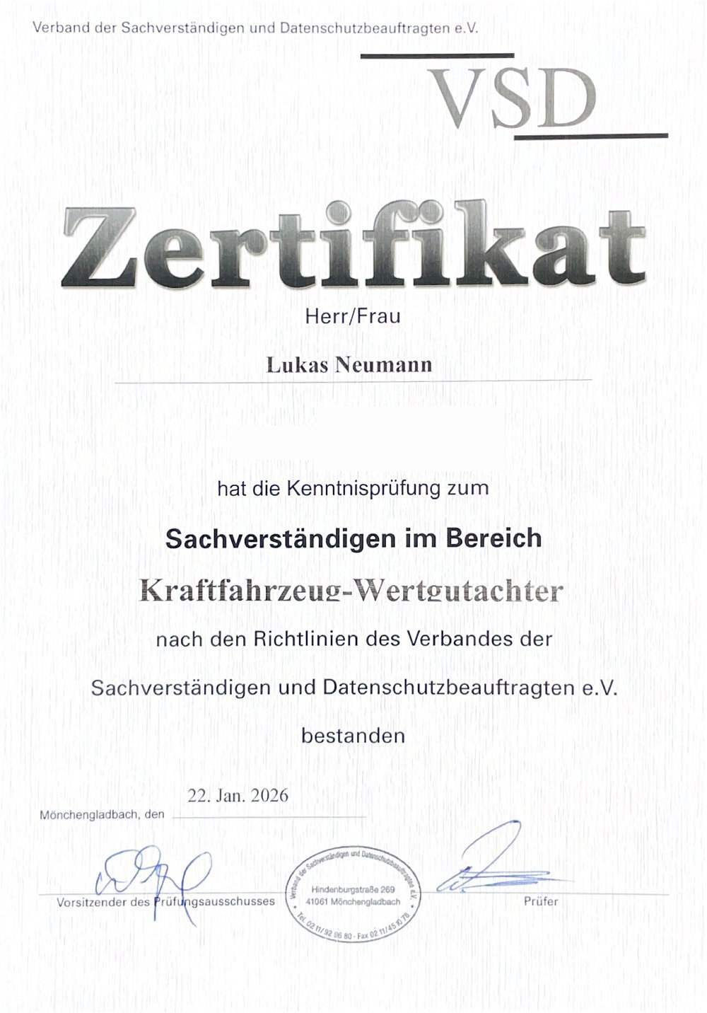 Zertifikat Wertgutachten